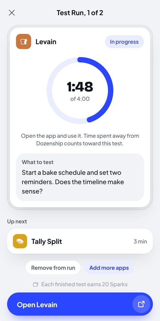 Test Run screen with a timer at 1 minute 48 seconds